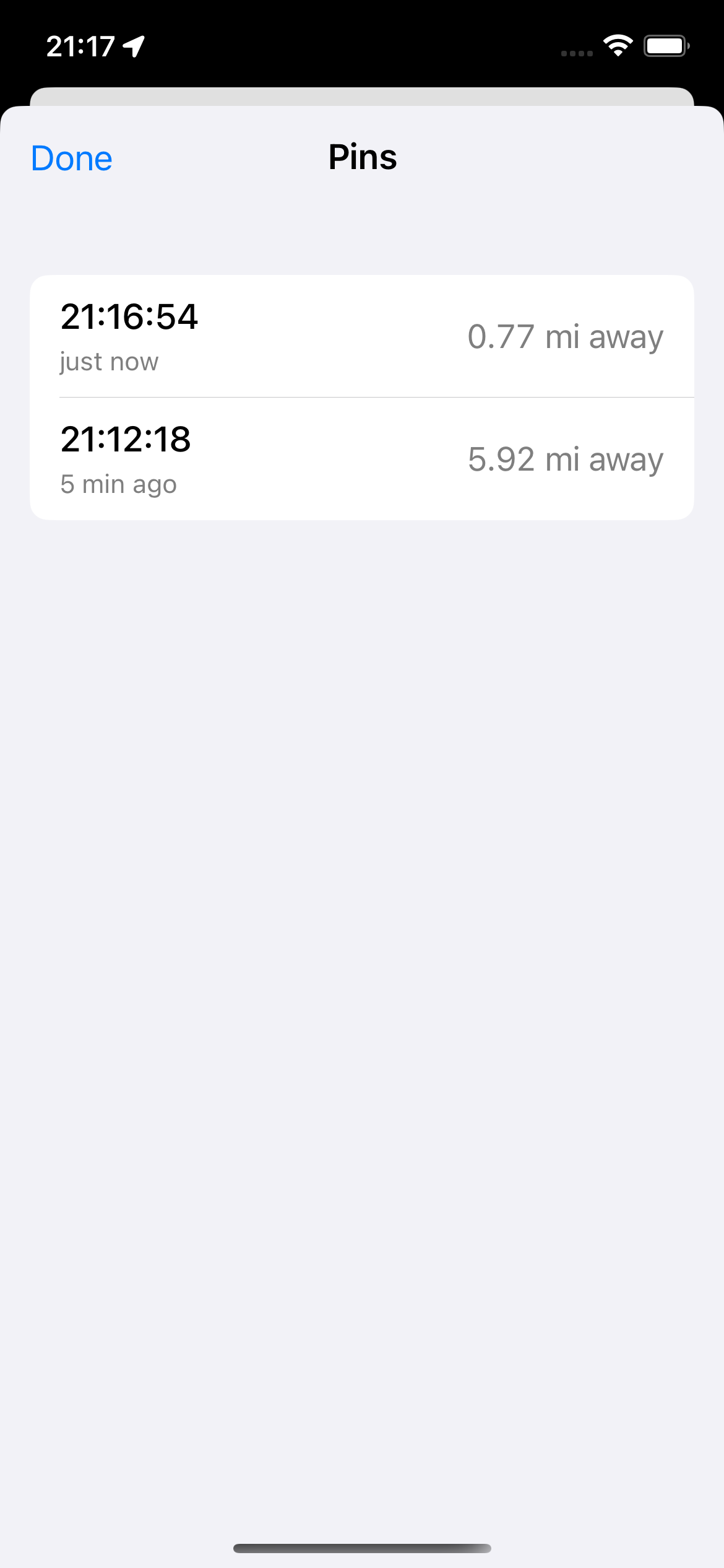 Pins list during active tracking