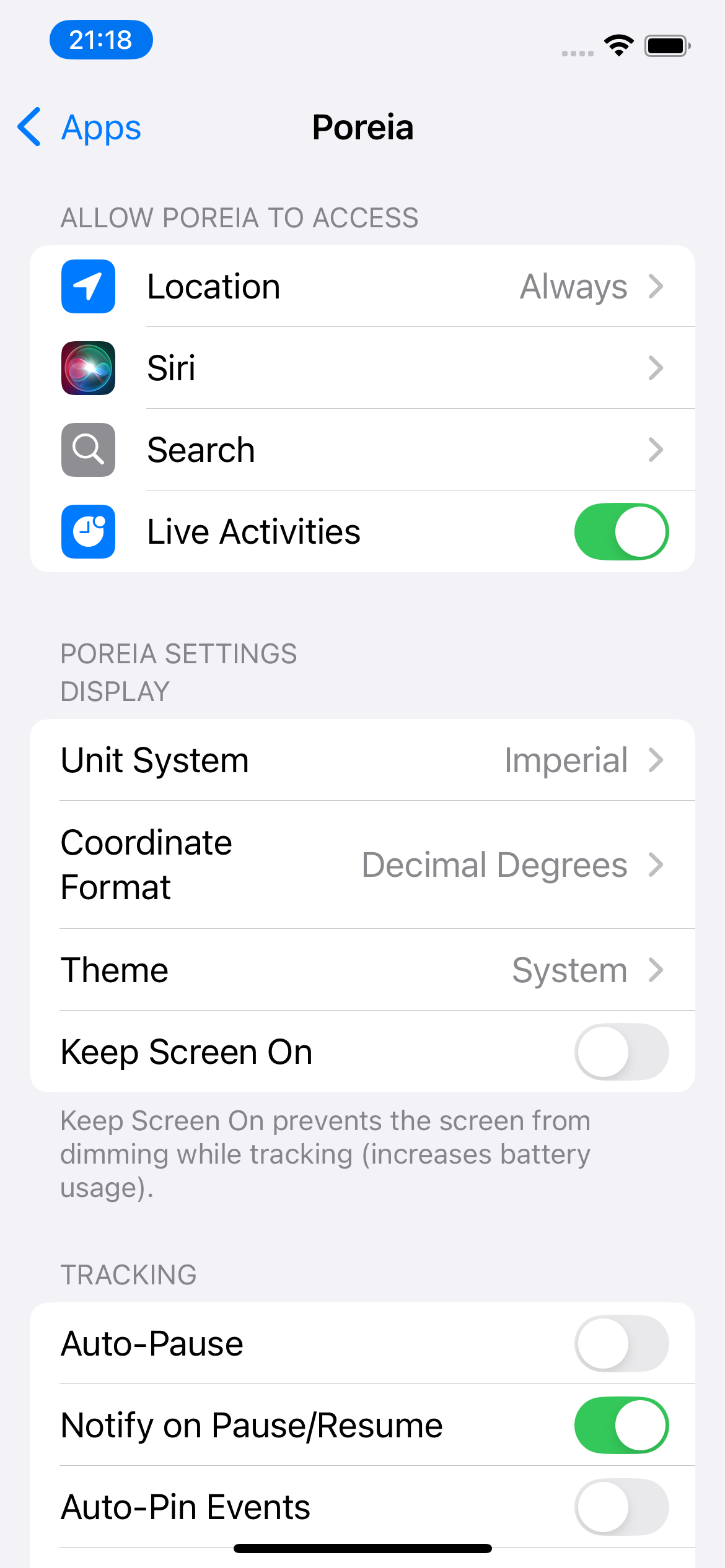 Poreia settings in iOS Settings app